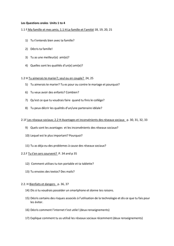New French speaking/oral questions units 1-4