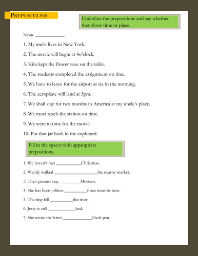 Preposition worksheet KS2