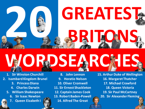 20 Greatest Britons Wordsearches Keyword Wordsearch Homework Cover Plenary Lesson British Values