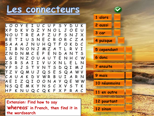 Find connectives in French in the wordsearch