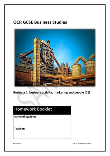 FREE SAMPLE -Homework tasks for GCSE Business (9-1): OCR 01 business activity, marketing and people