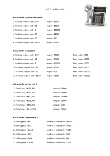 BTEC Level 2 Business Unit 2  costs and revenue calculations