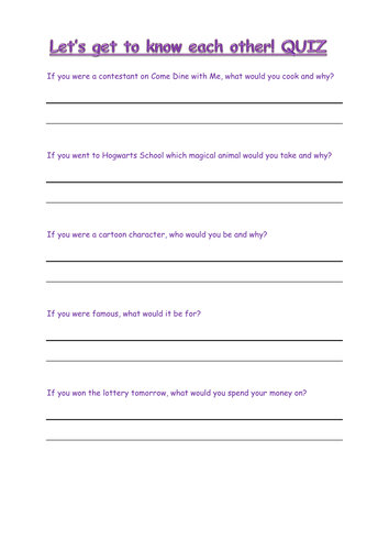 Transition day / induction quiz for KS2 children - get to know you / each other activity