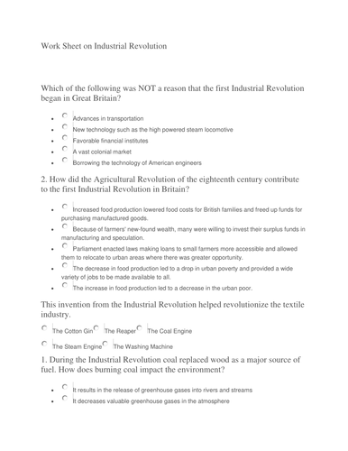 Work Sheet on Industrial Revolution