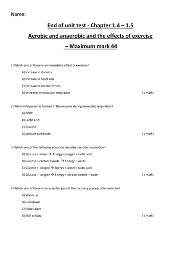 AQA GCSE PE - New Spec 2016 - Test -  1.4 Aerobic and anaerobic exercise and 1.5 Effects of exercise