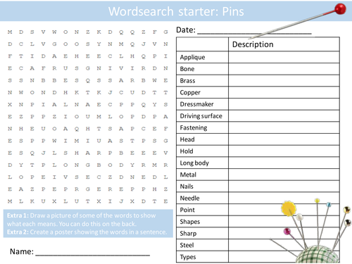 Design Technology Textiles Tools Pins Wordsearch Crossword Alphabet