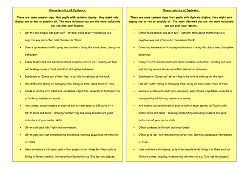 Characteristics of a dyslexic.