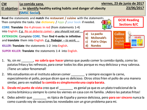 Healthy Schools week PSHE - La comida sana - KS4 Spanish AQA new spec