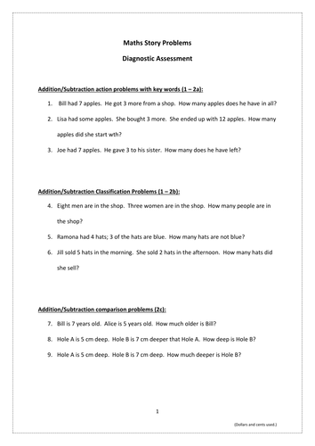 Maths Story Problems diagnostic assessment