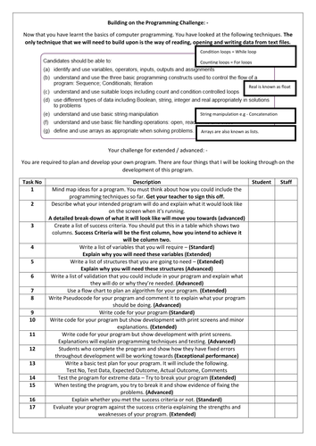 Year 9/10 - Computer Science - Programming Project - OCR