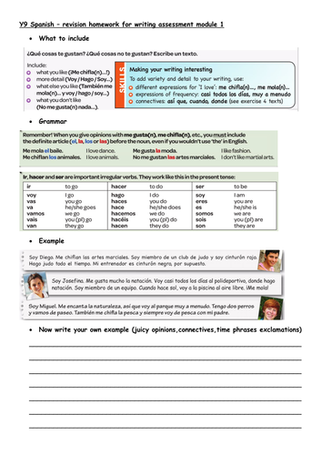 Y9 SPANISH VIVA M1 WRITING REVISION