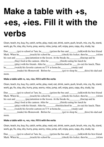 Present Simple verbs +s, +es, +ies