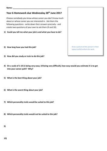 Careers Interview Homework Task For Years 6-9