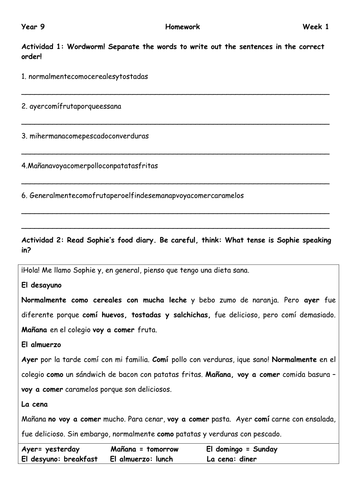 Y9/10 SPANISH 3 WORKSHEETS ON HEALTHY LIVING