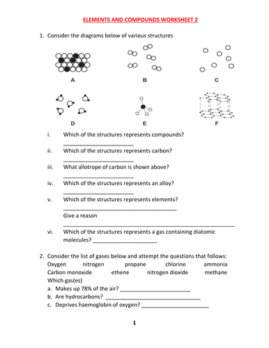 ELEMENT AND COMPOUND WORKSHEET