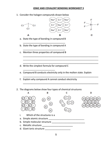 IONIC AND COVALENT BOND WORKSHEET