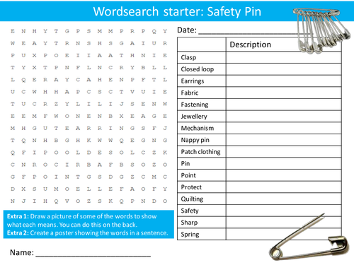 Design Technology Textiles Tools Safety Pins Wordsearch Crossword