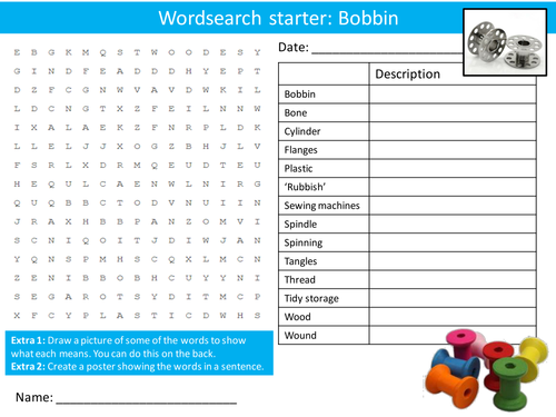 Design Technology Textiles Tools Bobbins Wordsearch Crossword Alphabet Starter Cover Homework