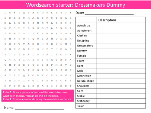 Design Technology Textiles Dressmakers Dummy Wordsearch Crossword Alphabet Starter Cover Homework