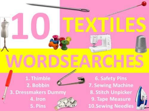 10 Wordsearches Textiles Equipment Design Technology KS3 GCSE Keyword Starters Wordsearch Cover