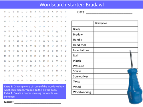 Design Technology Bradawl Tool KS3 GCSE Wordsearch Crossword Alphabet Keyword Starter Cover