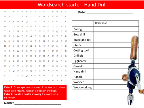 Design Technology Hand Drill Tool KS3 GCSE Wordsearch Crossword Alphabet Keyword Starter Cover