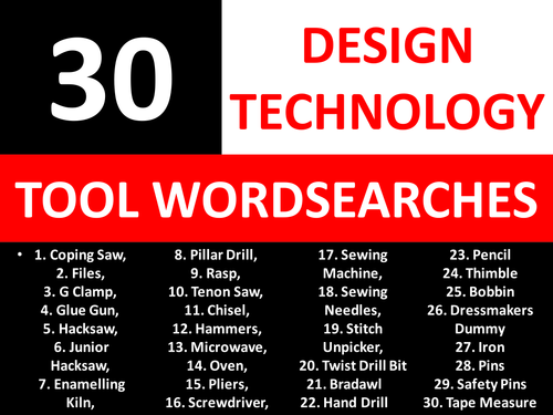 30 Crosswords Design Technology Tools KS3 GCSE Keyword Starters Wordsearch Cover Lesson Homework