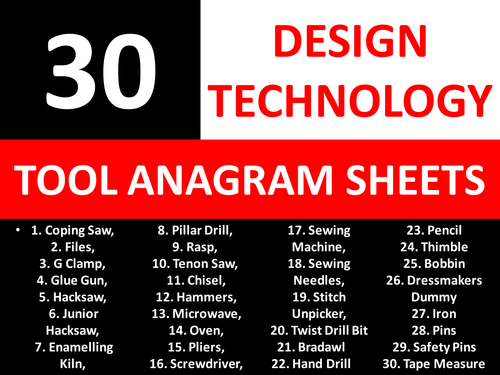 30 Anagram Sheets Design Technology Tools KS3 GCSE Keyword Starters Anagrams Cover Lesson Homework