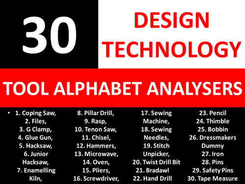30 Alphabet Analysers Design Technology Tools KS3 GCSE Keyword Starters Cover Lesson Homework