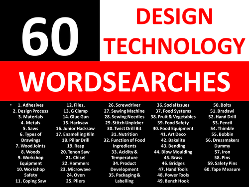 60 Wordsearches Design Technology Literacy KS3 GCSE Keyword Starters Wordsearch Cover Lesson