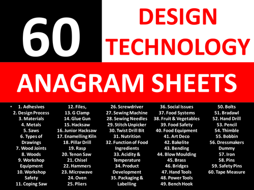 60 Anagram Sheets Design Technology Literacy KS3 GCSE Keyword Starters Anagrams Cover Lesson