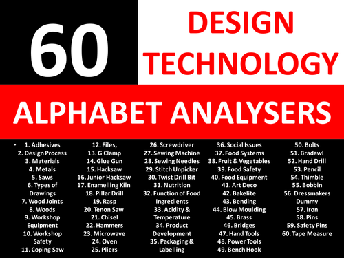 60 Alphabet Brainstorm Analysers Design Technology Literacy KS3 GCSE Keyword Starters Cover Lesson