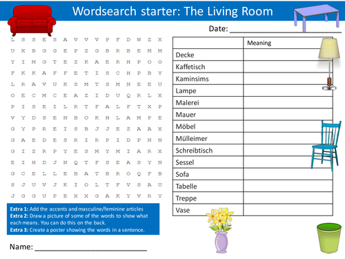 German The Living Room Starter Activity Keywords KS3 GCSE Wordsearch Anagrams Crossword Cover