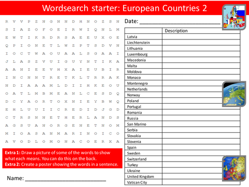 Geography European Countries 2 KS3 GCSE Wordsearch Crossword Anagram Alphabet Keyword Starter Cover