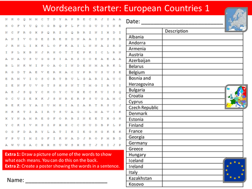 Geography European Countries 1&2 KS3 GCSE Wordsearch Crossword Alphabet Keyword Starter Cover Lesson