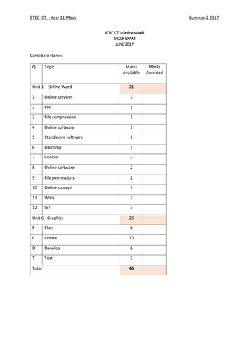 BTEC ICT Year 11 Mock Exam