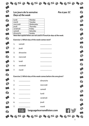 of days the week exercise english Les the de semaine of (days by week) jours vettyjames la