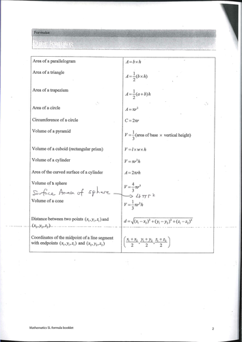 Formula Sheet Volume and Area