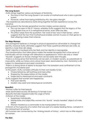 A level AQA English: Duffy, Feminine Gospels overall suggestions of each poem