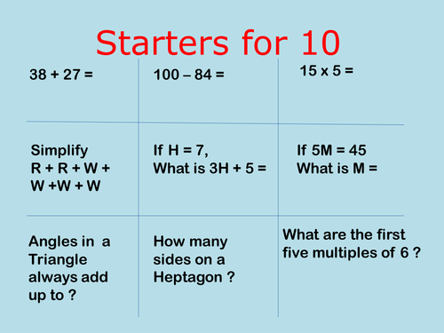 Ten different slides of Maths lesson starters for KS3 lower ability.