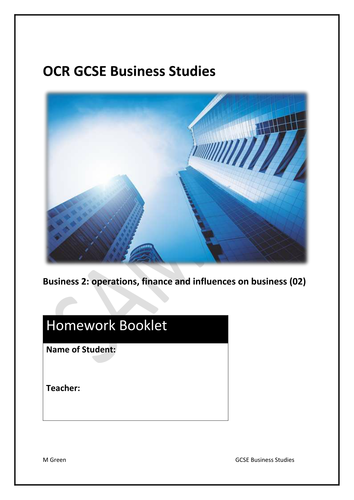 FREE SAMPLE -Homework tasks for GCSE Business (9-1) : OCR 02 operations, finance and influences