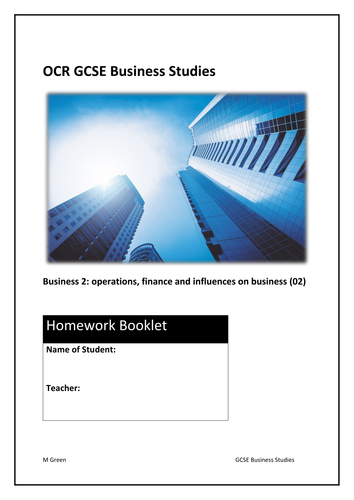 Homework tasks for GCSE Business (9-1): OCR 02 operations, finance and influences on business (PDF)