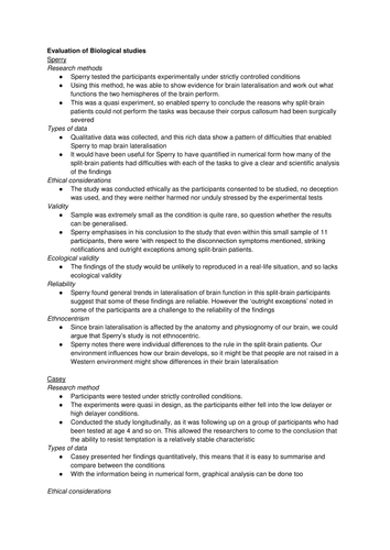 OCR Psychology Biological Study Evaluation Notes