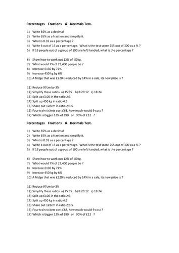 KS3 Percentage Fractions and Decimals test