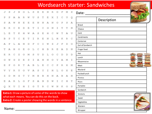 Food Technology Sandwiches Keywords KS3 GCSE Starter Activities Wordsearch, Crossword Cover