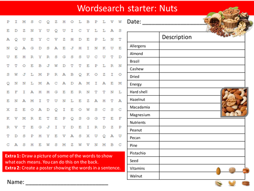 Food Technology Nuts Keywords KS3 GCSE Starter Activities Wordsearch, Crossword Cover