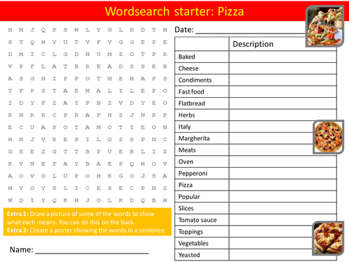 Food Technology Pizza Keywords KS3 GCSE Starter Activities Wordsearch, Crossword Cover