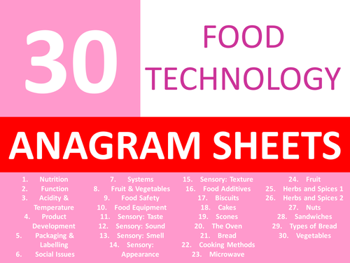 30 Food Technology Anagram Sheets Keyword Starters Anagram Cover Lesson Homework Plenary