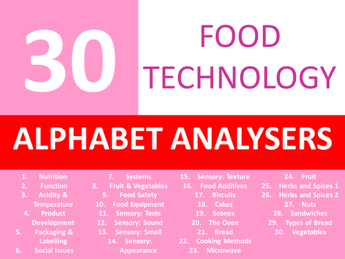 30 Food Technology Alphabet Brainstorm Analysers Keyword Starters Cover Lesson Homework Plenary