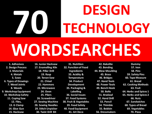 70 Wordsearches Design Technology Literacy KS3 GCSE Keyword Starters Wordsearch Cover Lesson